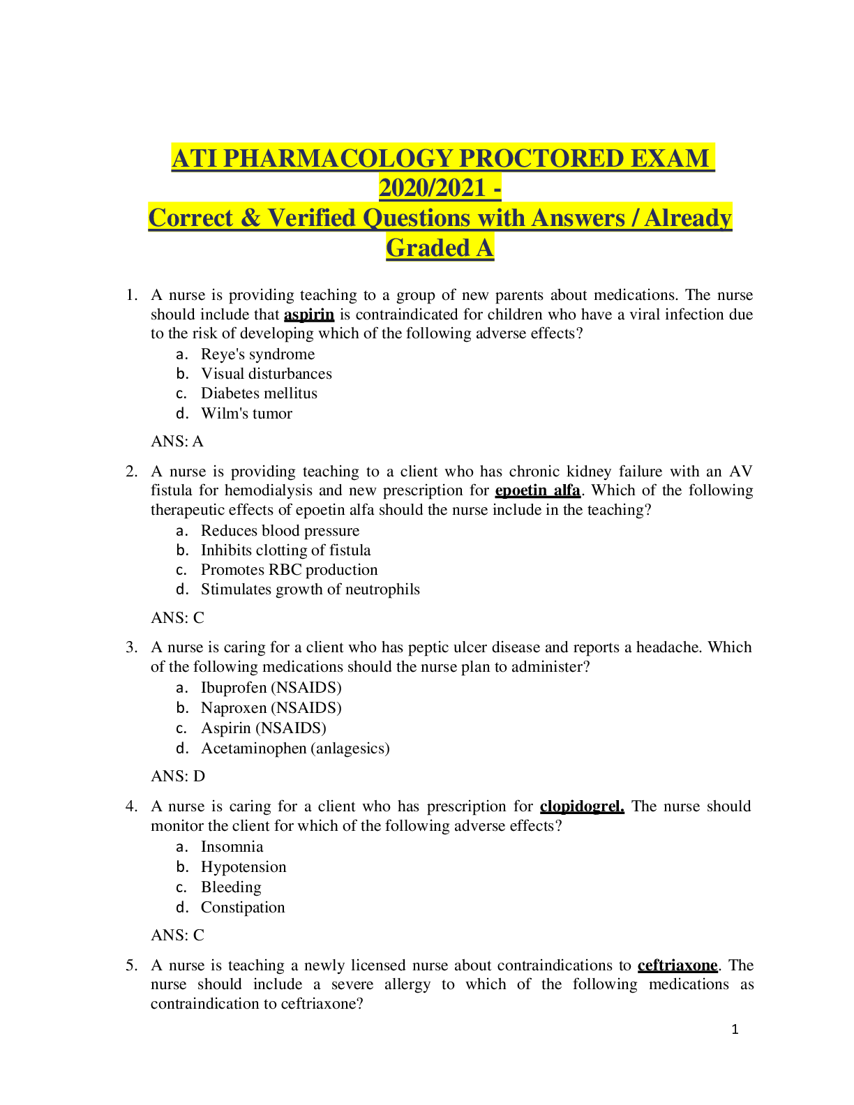 Preview of ATI PHARMACOLOGY PROCTORED EXAM 2020/2021 - Correct & Verified Questions with Answers / Al